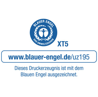 Ein Zertifizierungsabzeichen mit dem Blauer Engel-Logo, Text und URL zur Produktkennzeichnung für nachhaltiges Drucken.