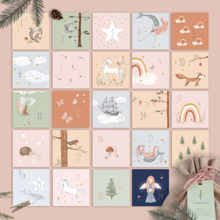 Adventskalender-Set im Meerjungfrau-Design, 24 Karten mit Einhorn- und Regenbogenmotiven, ideal zum Selberfüllen, DIY.