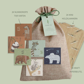 Adventskalender Set Tiere dieser Welt: Jutesack, 24 nummerierte Tierkarten, 24 Holzwäscheklammern, 24 Kraftpapierbeutel.