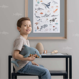 Junge mit Stofftierdelfin lächelt, sitzt vor Poster mit Meerestieren. Perfekte Geschenkidee für Schulstart von Jungen und Mädchen.