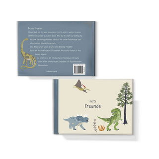 Illustration von Dinosauriern mit Bäumen, Titel "Dino Freundebuch". Vorder- und Rückseite zeigen Dinosaurierfreunde zusammen.