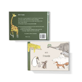 Das illustrierte Cover des Freundebuchs „Beste Freunde Tiere dieser Welt“ zeigt verschiedene Tiere wie Giraffe, Pinguin und Schildkröte.