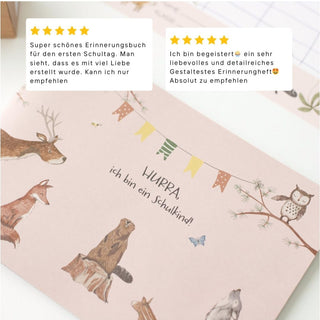 Einschulungsbuch Hurra, ich bin ein Schulkind! – liebevoll gestaltetes Erinnerungsalbum zum Schulstart mit niedlichen Tierillustrationen (Fuchs, Hirsch, Eule, Biber) und bunter Wimpelkette. Perfekt als Geschenk zur Einschulung, um Erinnerungen an den ersten Schultag festzuhalten. Hochwertiges Einschulungsheft für Schulanfänger, ideal als Einschulungsgeschenk.