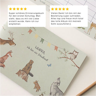 Einschulungsbuch Hurra, ich bin ein Schulkind! – liebevoll gestaltetes Erinnerungsalbum zum Schulstart mit niedlichen Tierillustrationen (Fuchs, Hirsch, Eule, Biber) und bunter Wimpelkette. Perfekt als Geschenk zur Einschulung, um Erinnerungen an den ersten Schultag festzuhalten. Hochwertiges Einschulungsheft für Schulanfänger, ideal als Einschulungsgeschenk.