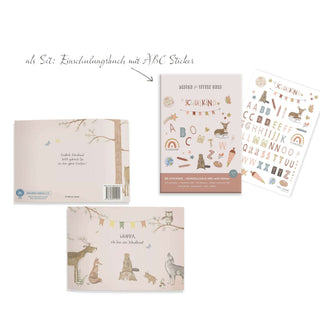Einschulungsbuch "Hurra, ich bin ein Schulkind rosa," features woodland animals, alphabet design, includes ABC sticker sheet.