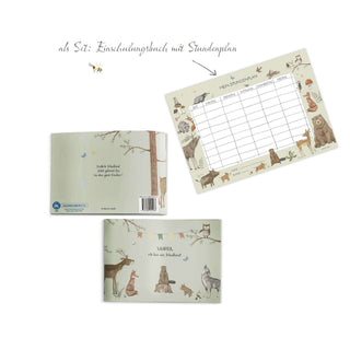 Einschulungsbuch "Hurra, ich bin ein Schulkind green" mit Waldtier-Illustrationen; Stundenplan-Set mit kinderfreundlichem Design.