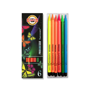 Koh-I-Noor Progresso Fluorescent Buntstifte, 6 leuchtende Neonfarben, in schwarzer Schmetterlingsverpackung, ideal für weißes und dunkles Papier.