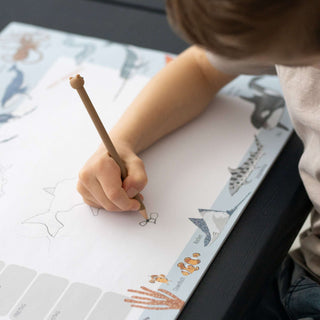 Ein Kind schreibt auf einer Schreibtischunterlage mit Meerestieren, ideal für Schulstart, Geschenkidee, Jungen und Mädchen.