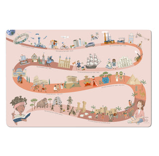  Design Kinderschreibtischunterlage Zeitreise Menschheit rosa: Detaillierte Grafik der pädagogischen Schreibtischmatte in Rosa mit chronologischer Route durch historische Epochen. Liebevolle Illustrationen von Steinzeit bis Moderne, perfekt für Mädchen.