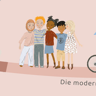 Detail Ansicht Schreibtischunterlage rosa Moderne Zeit: Illustration von einer vielfältigen Kindergruppe und modernen Elementen (Fahrrad, Auto, Flugzeug) auf der rosa Lernmatte "Zeitreise der Menschheit". Fördert Weltoffenheit und spielerisches Lernen.