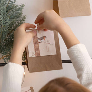 Eine Person hängt einen DIY-Adventskalender-Papierbeutel mit Rotkehlchen-Illustration und Nummer 17 an einen Tannenzweig, Teil des Mermaid-Sets.
