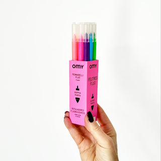 OMY Neon Filzstifte Set für Kinder, 9 leuchtende Marker in Pink Box, ideal zum Malen, Basteln und Zeichnen mit doppelter Spitze.