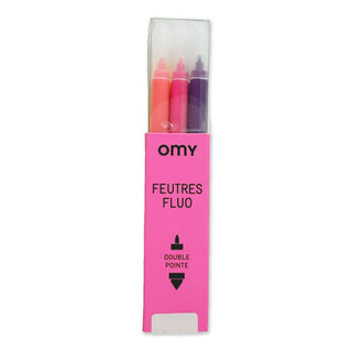 OMY Neon Filzstifte Set für Kinder, 9 leuchtende Marker in Pink Box, ideal zum Malen, Basteln und Zeichnen mit doppelter Spitze.
