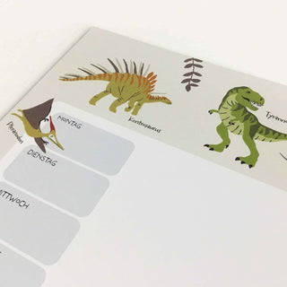 Papierblock Unterlage/Wochenplaner mit Dinosaurier-Designs, inklusive Pterosaurier, Kentrosaurus und Tyrannosaurus, Wochentage.