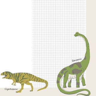 Papierblock-Unterlage mit kariertem Hintergrund, illustriertem grünen Dinosaurier (Brachiosaurus) und gestreiftem Dinosaurier (Giganotosaurus).