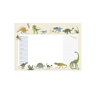 Schreibtischunterlage mit farbenfrohen Dinosauriern, Wochenplaner und Stundenplan, zentraler Bereich zum Notieren, Schulstart.