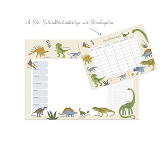 Schreibtischunterlage und Wochenplaner-Set mit Dinosauriermotiven, inklusive Stundenplan. Perfekt für den Schulstart.