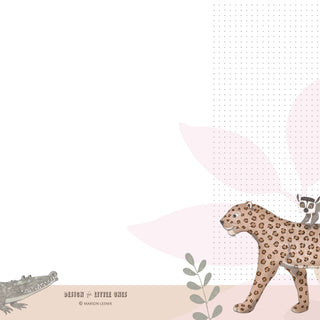 Bunter Wochenplaner mit Dschungeltieren, darunter ein Leopard und ein Lemur auf gepunktetem Hintergrund, ideal als Schulgeschenk.