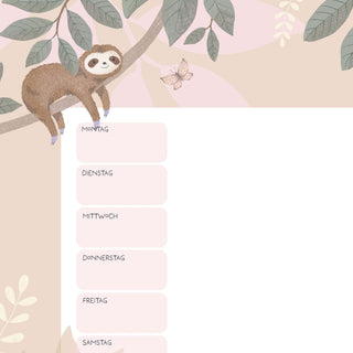 Wochenplaner mit Jungle-Animals-Design, zeigt Faultier auf Ast, pastellfarbene Blätter, Schmetterling und Wochentage.