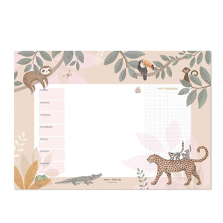 Jungle Animals Wochenplaner mit Faultier, Tukan, Affe, Krokodil und Leopard Illustrationen. Pastelltöne auf Papierblockunterlage.
