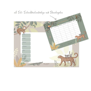 Papierblockunterlage mit Dschungel-Motiv in Grün, zeigt Faultiere und Geparden, bietet Platz für Notizen und Wochenplanung.