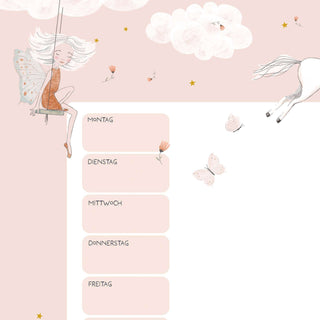 Fee auf Schaukel, rosa Wolken, Schmetterlinge, weißes Pferd, Wochenplaner-Design, "Mermaid", Tage: Montag bis Freitag.