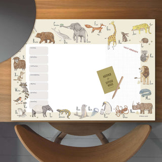 Schreibtischunterlage mit bunten Tierillustrationen; Wochenplaner mit Stundenplan-Spalten; ideal für Schulstart, ABC der Tiere.