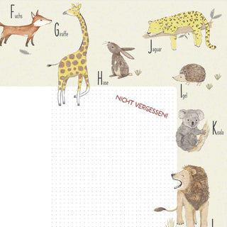 Farbenfroher Wochenplaner mit Illustrationen von Fuchs, Giraffe, Jaguar, Hase, Igel, Koala und Löwe.
