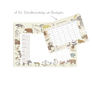 Set mit Schreibtischunterlage und Wochenplaner, Tierillustrationen, Stundenplan, ABC der Tiere, ideal für Schulstart.