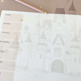 Papierblockunterlage/Wochenplaner with castle and unicorn illustration, features days of the week in German, ideal for kids.