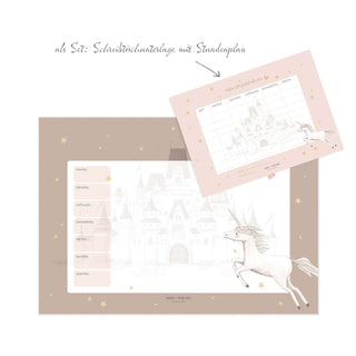 Papierblockunterlage Wochenplaner mit Schloss und Einhorn-Design, pastellrosa und beige, ideal als Weihnachten Geschenkidee für Kinder.
