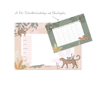 Papierblockunterlage mit Jungle Animals Design, zeigt Faultier, Leopard, Krokodil, Papagei. Enthält Wochenplaner, Stundenplan.