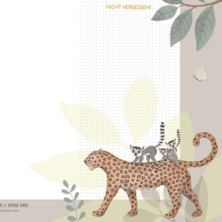 Papierblockunterlage/Wochenplaner Jungle Animals in grün mit Leopard, Lemuren, Blattmotiven und Schmetterling, Geschenkidee Einschulung.