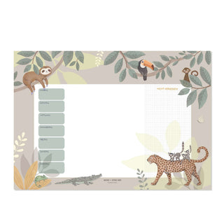 Jungle-themed Wochenplaner mit grünen Blättern, Tieren wie Faultier, Tukan, Affe, Leopard, Krokodil. Geschenkidee Einschulung.