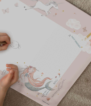 Papierblock Unterlage/Wochenplaner "Mermaid" mit Meerjungfrau, Einhorn, Pastelltönen, kindlichem Design, Platz für Notizen.