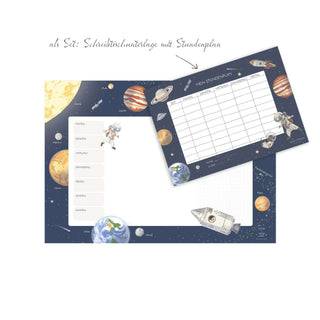 Papierblockunterlage/Wochenplaner mit Astronaut, Sonnensystem, Planeten, Raumschiff auf Weltraumhintergrund, ideal für Kinder.