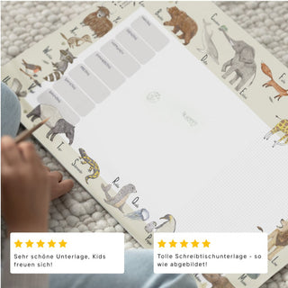 Wochenplaner, Kinderschreibtischunterlage  „Tier ABC“ mit Tierillustrationen, die einen Alphabetrand bilden, geräumigem Notizteil, und Kundenbewertungen.