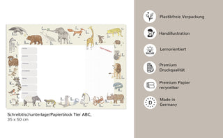 Die Kinderschreibtischunterlage/Wochenplaner Tier ABC mit passenden Icons, die das Produkt kennzeichnen.