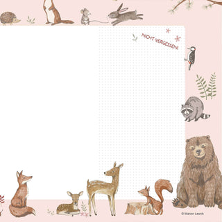 Papierblock Unterlage/Wochenplaner "Waldtiere rose" mit niedlichen Waldtieren wie Füchsen, Rehen, Eichhörnchen und Bären an den Rändern.