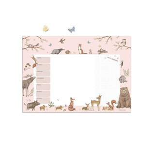 Papierblock Unterlage/Wochenplaner mit rosa Hintergrund, illustrierten Waldtieren wie Fuchs, Reh, Bär, idealer Start ins Schuljahr.