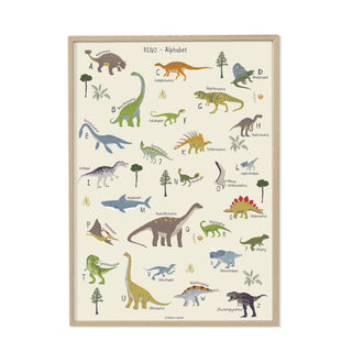 Illustration eines Posters mit Dinosaurier-Alphabet für Kinder; zeigt verschiedene Dinosaurier passend zu jedem Buchstaben.