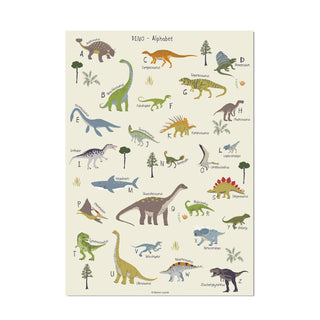 Alphabet-Poster mit kindgerechten Dinosaurier-Illustrationen für jeden Buchstaben; leuchtende Farben, lehrreich und kreativ.