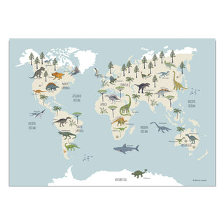 Dinosaurier Weltkarte Poster zeigt Weltkarte mit Dinosauriern; verschiedene Arten illustriert und geografisch platziert.