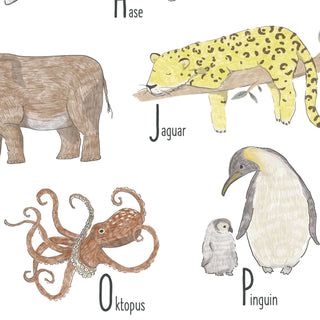 Illustration eines Kinderposters mit Tieren wie Nashorn, Jaguar, Oktopus, Pinguin, beschriftet für Kinderzimmerdekoration.