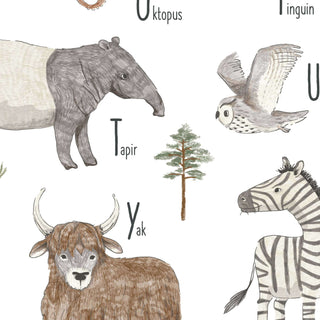 Künstlerisches Poster "ABC der Tiere" mit Illustrationen von Eule, Tapir, Zebra, Yak, Oktopus und Baum, Kinderzimmerdekoration.