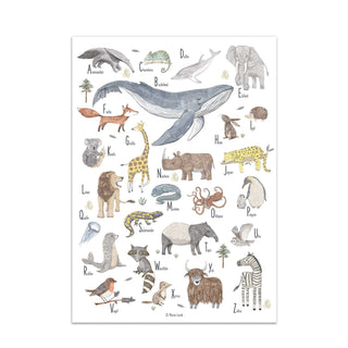 Alphabet-Poster "ABC der Tiere" für Kinderzimmer, mit illustrierten Tieren wie Blauwal, Giraffe, Zebra, Koala, und Elefant.