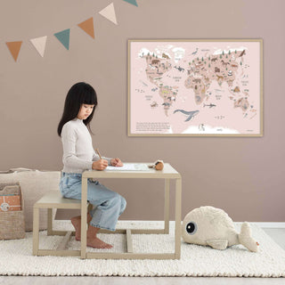 Affiche carte du monde "Animaux de ce monde" rose