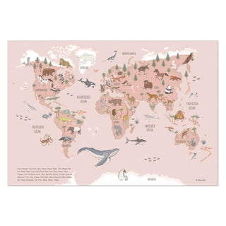 Affiche carte du monde "Animaux de ce monde" rose