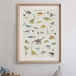 Poster mit einem Dinosaurier-Alphabet für Kinder, auf dem verschiedene Dinosaurier abgebildet sind, die jeweils einen anderen Buchstaben darstellen.