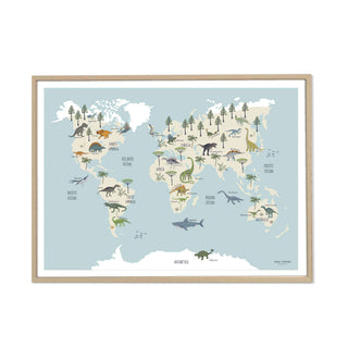 Entdecker-Poster, Dinosaurier-Weltkarte zeigt Dino-Arten, geografische Lage, dekorativ illustriert, fantasievoll gestaltet.